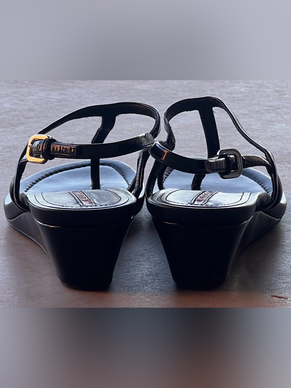 Prada Linea Rossa Black Patent Leather T-Strap Wedge Sandals Size 38.5 Italy - Picture 7 of 11